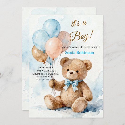 Adorable Teddy Bear Baby Shower Invitation 招待状 (正面/裏面)