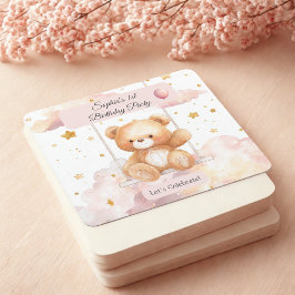 Adorable Teddy Bear Birthday – Custom Coaster スクエアペーパーコースター