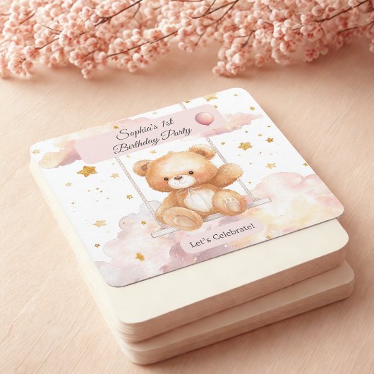 Adorable Teddy Bear Birthday – Custom Coaster スクエアペーパーコースター