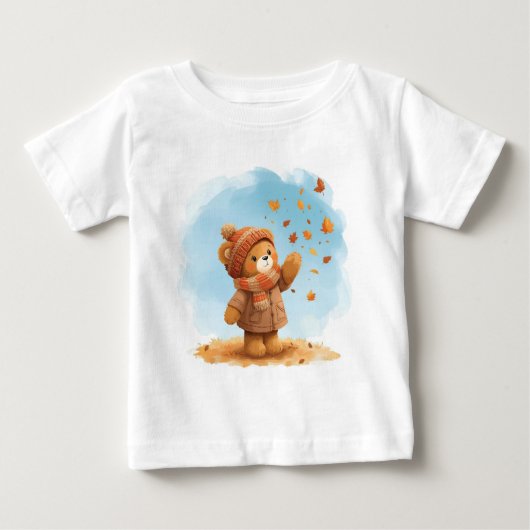 Adorable Teddy Bear Catching Autumn Leaves ベビーTシャツ (正面)