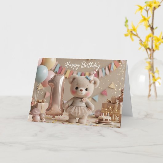 Adorable Teddy Bear First Birthday Celebration カード (黄色い花)