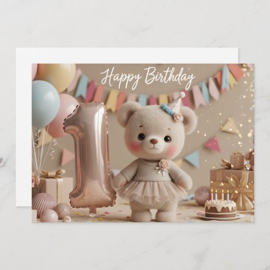 Adorable Teddy Bear First Birthday Invitation 招待状 (正面/裏面)