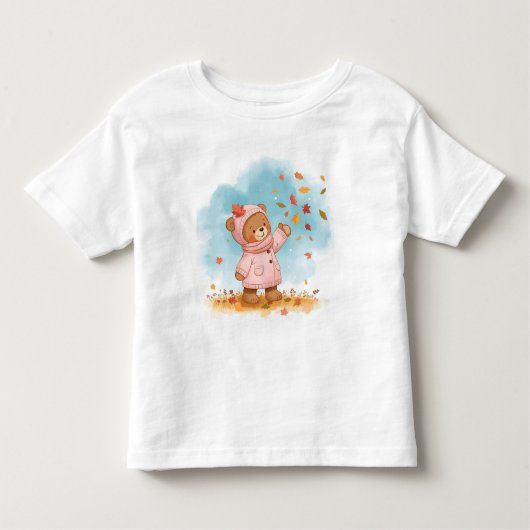 Adorable Teddy Bear Girl Catching Autumn Leaves トドラーTシャツ (正面)