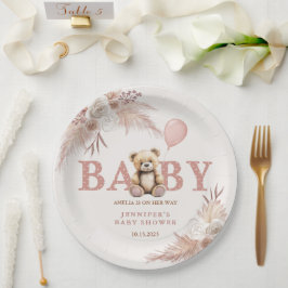 Adorable Teddy Bear Pink Boho Floral Girl ペーパープレート
