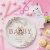 Adorable Teddy Bear Pink Boho Floral Girl ペーパープレート (パーティー)