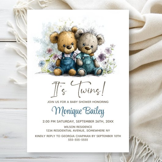 Adorable Teddy Bear Twins Baby Shower 招待状