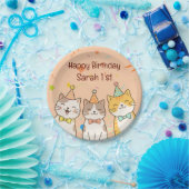 Adorable Trio of Birthday Cats | Custom Name & Age ペーパープレート (パーティー)