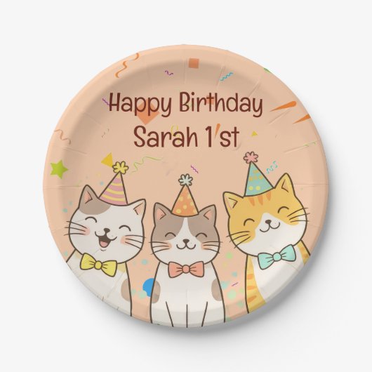 Adorable Trio of Birthday Cats | Custom Name & Age ペーパープレート (正面)