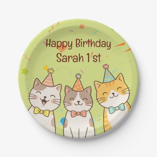 Adorable Trio of Birthday Cats | Custom Name & Age ペーパープレート (正面)