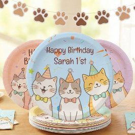 Adorable Trio of Birthday Cats | Custom Name & Age ペーパープレート