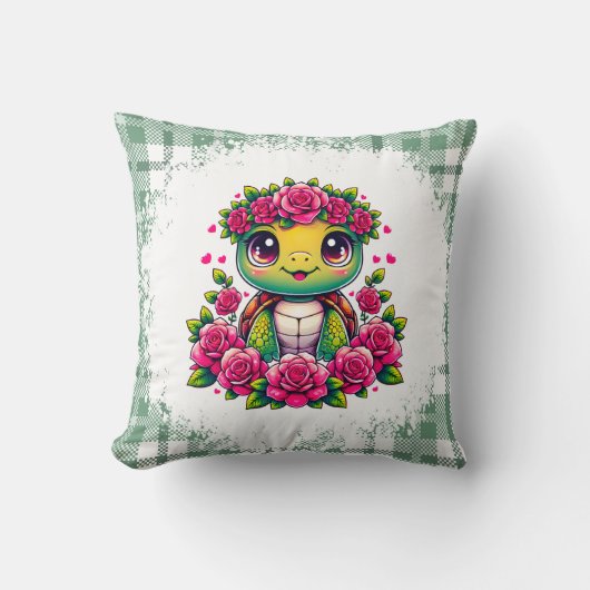Adorable Turtle with Floral Crown クッション (正面)