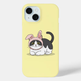Adorable Tuxedo Cat in Pink Bunny Hat Aesthetic iPhone 15ケース