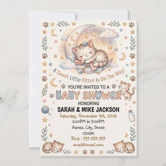 Adorable Watercolor Cat Themed Baby Shower 招待状 (正面)