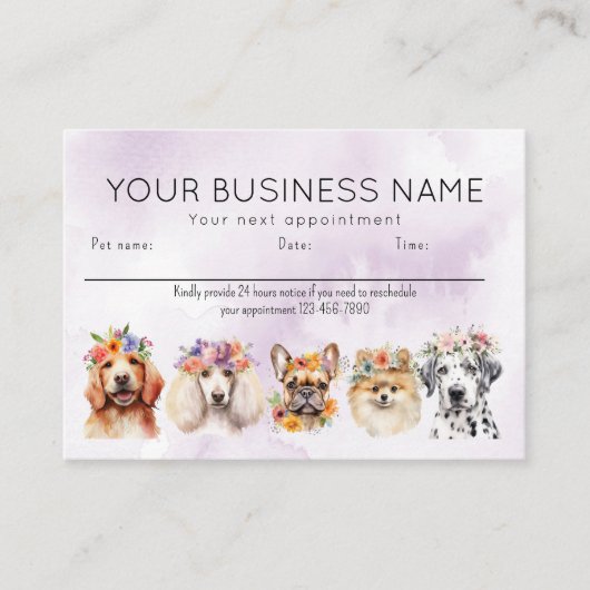 Adorable Watercolor Dogs Flowers, Purple 予約カード (正面)