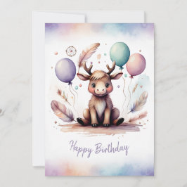 Adorable Watercolor Moose Happy Birthday シーズンカード