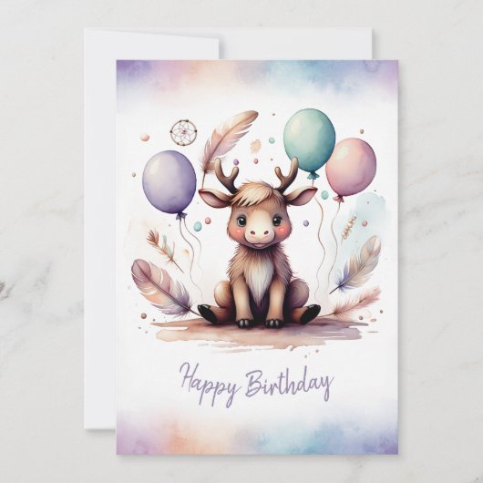 Adorable Watercolor Moose Happy Birthday シーズンカード (正面)