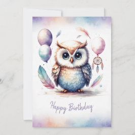 Adorable Watercolor Owl Happy Birthday シーズンカード