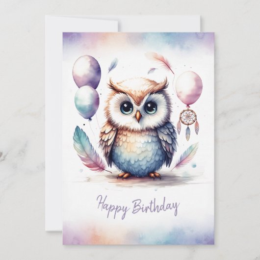 Adorable Watercolor Owl Happy Birthday シーズンカード (正面)