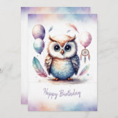 Adorable Watercolor Owl Happy Birthday シーズンカード (正面/裏面)