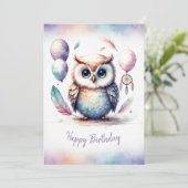 Adorable Watercolor Owl Happy Birthday シーズンカード (スタンド正面)