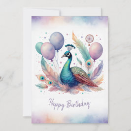 Adorable Watercolor Peacock Happy Birthday シーズンカード