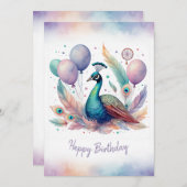 Adorable Watercolor Peacock Happy Birthday シーズンカード (正面/裏面)