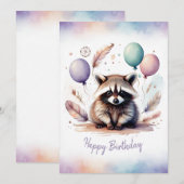 Adorable Watercolor Raccoon Happy Birthday シーズンカード (正面/裏面)