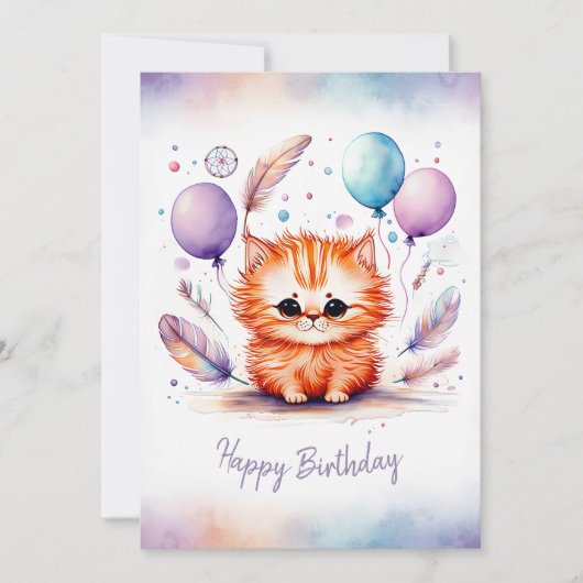 Adorable Watercolor Red Kitten Happy Birthday シーズンカード (正面)