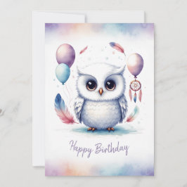 Adorable Watercolor Snowy Owl Happy Birthday シーズンカード
