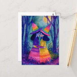 Adorable Watercolor Witches in Rainbow Witch Hats ポストカード