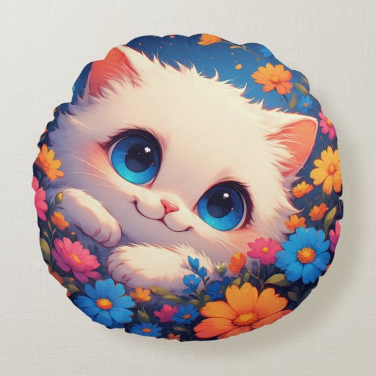 Adorable White Kitten With Bright Blue Eyes ラウンドクッション (正面)