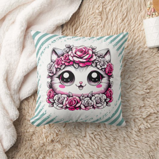 Adorable White Kitten with Rose Crown クッション (ブランケット)