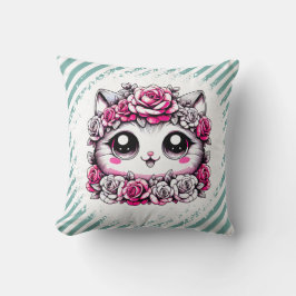 Adorable White Kitten with Rose Crown  クッション