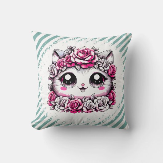 Adorable White Kitten with Rose Crown クッション (正面)