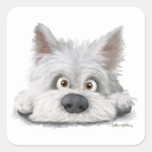 Adorable white Scottish Terrier Cartoon スクエアシール (正面)