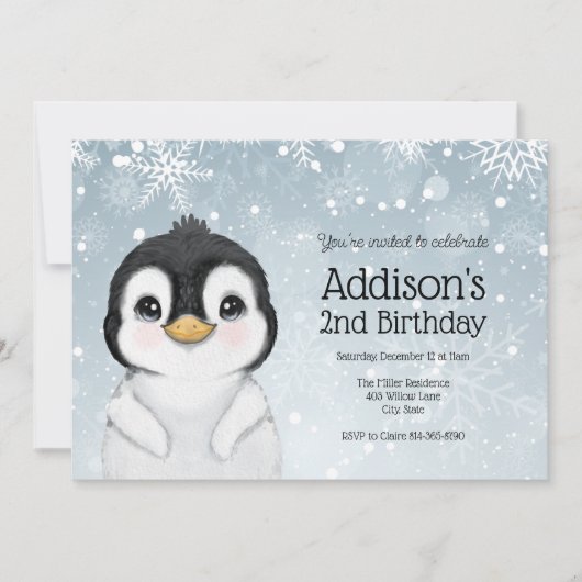 Adorable Winter Penguin Birthday invitation 招待状 (正面)