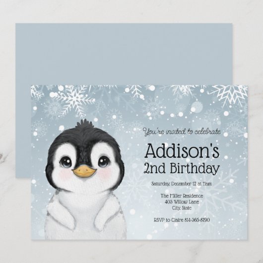 Adorable Winter Penguin Birthday invitation 招待状 (正面/裏面)