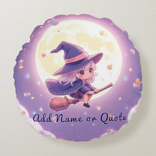 Adorable Witch Flying Halloween Round Pillow ラウンドクッション (正面)