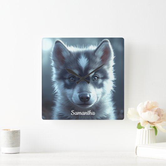 Adorable Wolf Baby in the Moonlight スクエア壁時計 (ホーム)