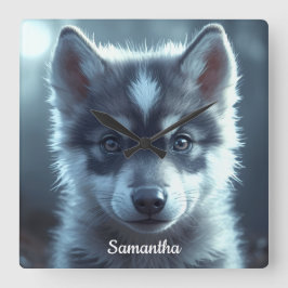 Adorable Wolf Baby in the Moonlight スクエア壁時計