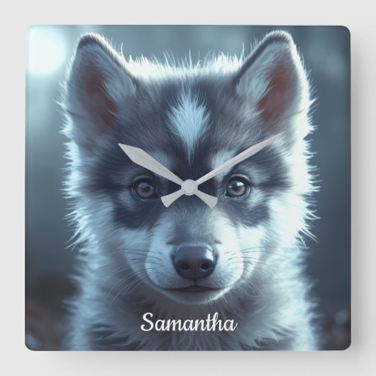 Adorable Wolf Baby in the Moonlight スクエア壁時計 (正面)