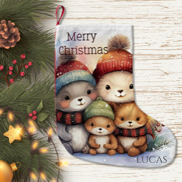 Adorable Woodland Animal Family Cozy Winter スモールクリスマスストッキング