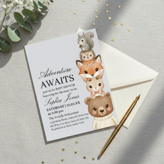 Adorable Woodland Animals Baby Shower Invitation 招待状
