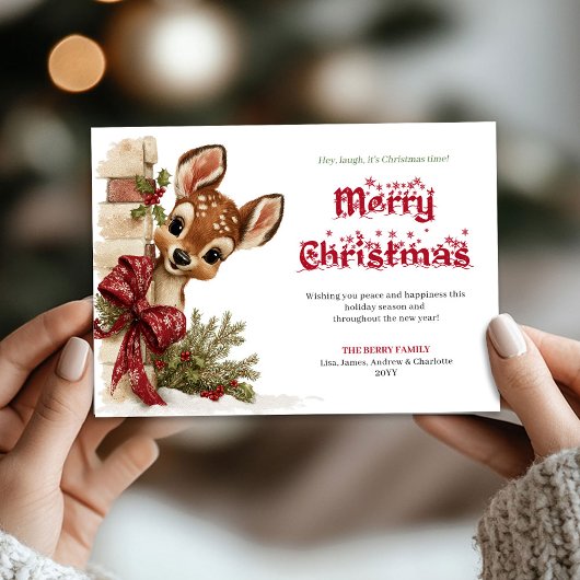 Adorable Xmas funny reindeer peeking greeting card シーズンカード