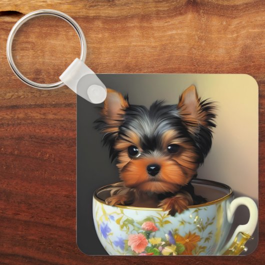 Adorable Yorkie In A Teacup  キーホルダー (正面)