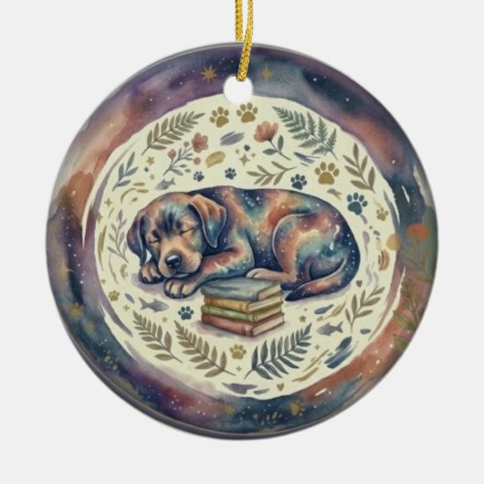 Adorno Navideño Perro Durmiendo con libros セラミックオーナメント (正面)