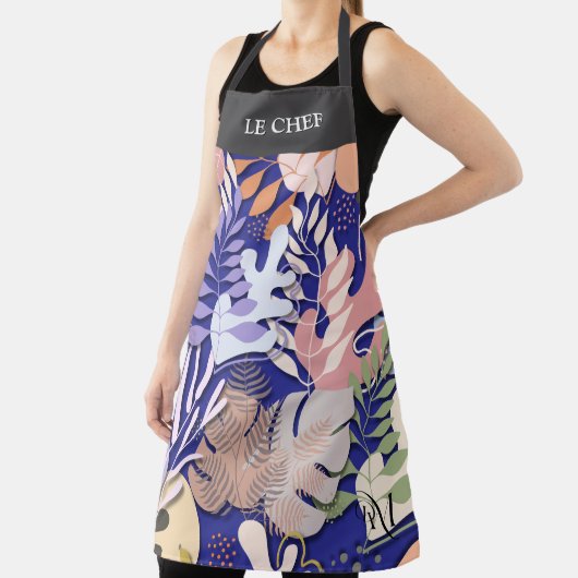 Adult Apron : Abstract Leaves (blue) & Text Bar エプロン (インサイチュ)