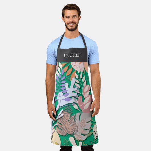 Adult Apron : Abstract Leaves (green) & Text Bar エプロン (着用した状態)