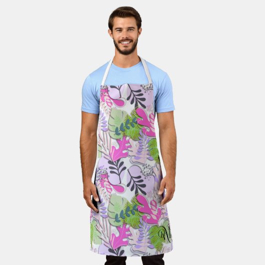 Adult Apron : Abstract Leaves (white) エプロン (着用した状態)