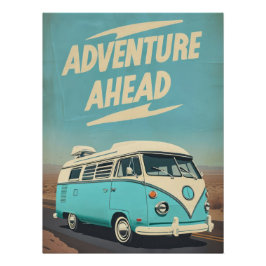 "Adventure Ahead" Vintage VW Bus Road Trip Poster ポスター